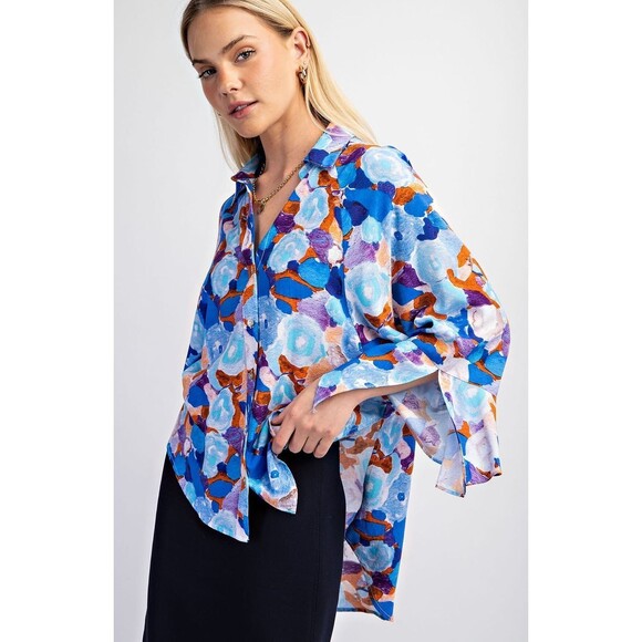 New GIGIO S M L Blue Floral Blooms Hi-Low Hem Button Down Top Open Slit Sleeve - Picture 1 of 5